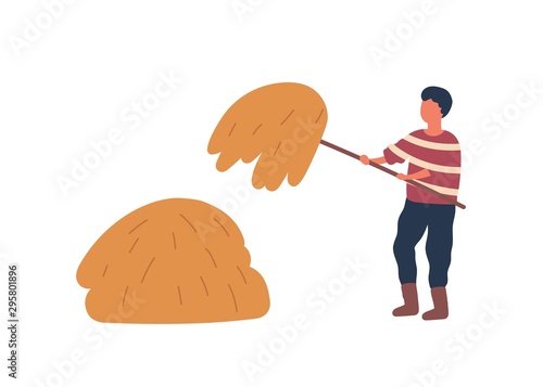 Farmer making haystack flat vector illustration. Faceless rancher, farm worker with pitchfork cartoon character. Village, farmland design element. Rural economy, farming, husbandry chore concept.