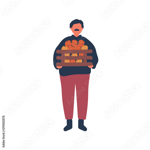 Farmer holding apples crate flat vector illustration