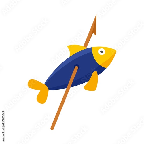 Stone age fish in arrow icon. Flat illustration of stone age fish in arrow vector icon for web design