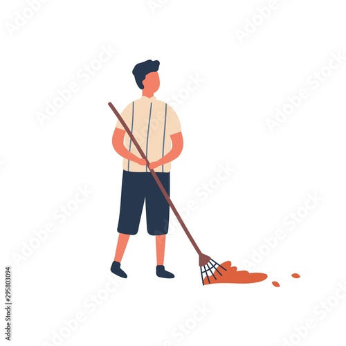 Man cleaning fallen leaves flat vector illustration