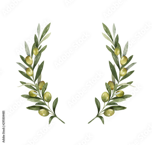 Watercolor vector wreath of olive branches and berries.