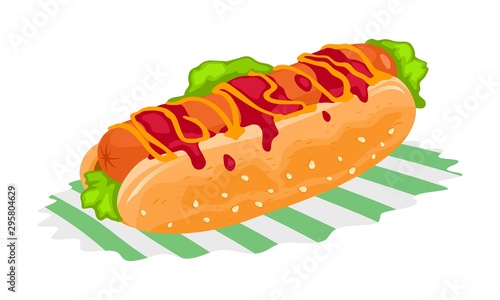 Cooked hot dog is on napkin. Grilled or steamed sandwich with sausage served in the slit of partially sliced bun, mustard, ketchup and coleslaw. Vector cartoon illustration isolated on white.