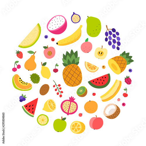 Fototapeta Naklejka Na Ścianę i Meble -  Fruits round shape vector illustrations on white background. Cute healthy eating fruit and berry collection