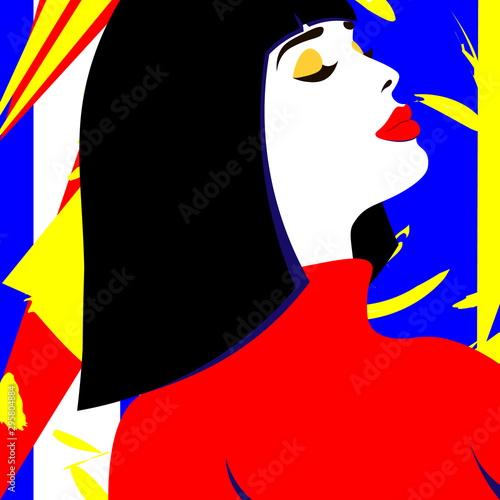 Young woman model in profile in pop art style. Sexy girl for advertising with bright hair