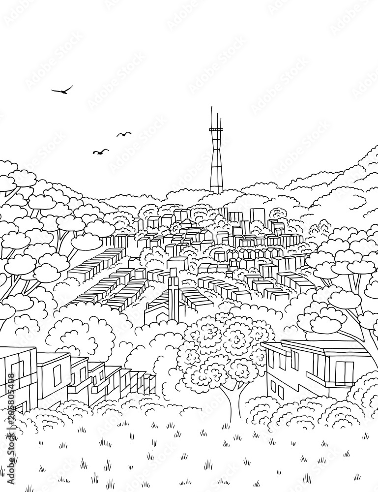 Fototapeta Hand drawn ink illustration of San Francisco's skyline seen from Merced Heights, with Sutro Tower in the background