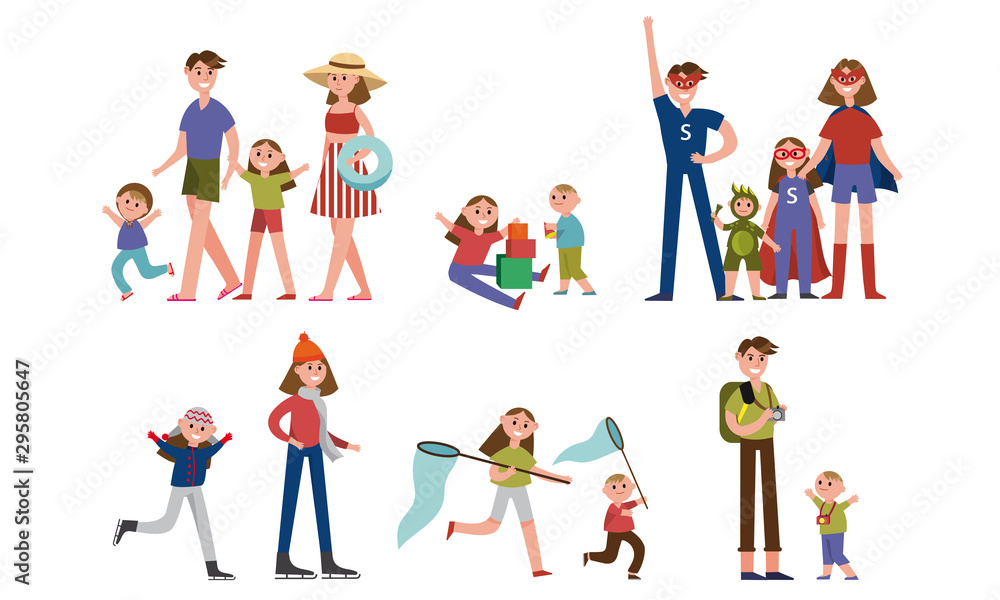 Happy Family Having Fun Together At Home And Outdoors Vector Illustration Set Isolated On White Background