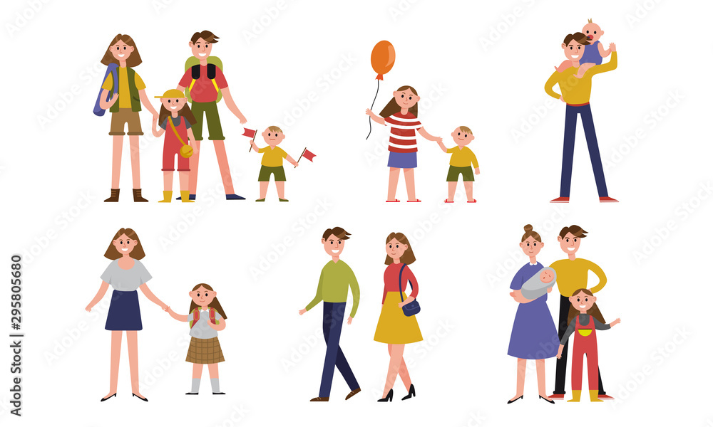 Happy Family Spending Time Together At Home And Outdoors Vector Illustration Set Isolated On White Background