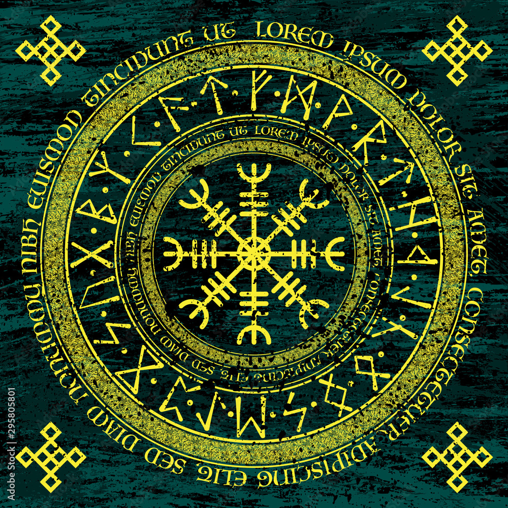 Old scandinavian runic grunge yellow circle symbol isolated on dark background