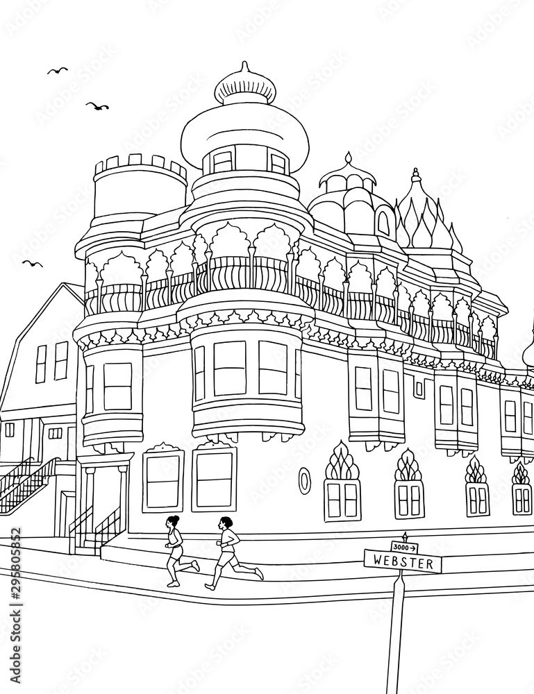 Hand drawn ink illustration of the Old Vedanta Temple in Cow Hollow, San Francisco