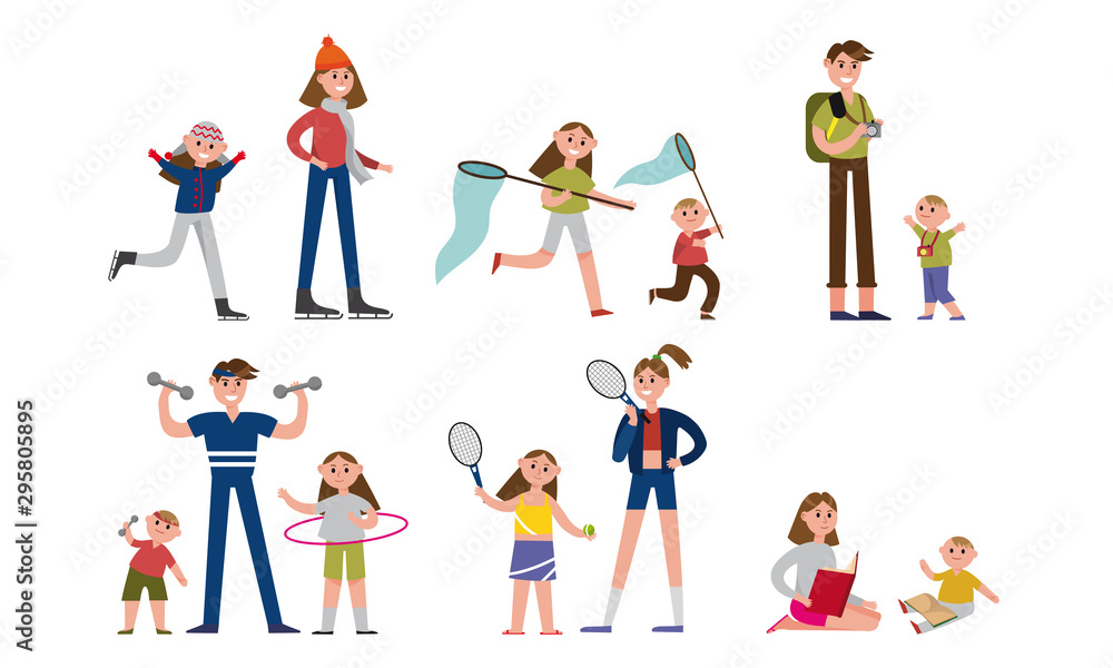 Happy Family Doing Sports And Other Fun Things Together At Home And Outdoors Vector Illustration Set Isolated On White Background