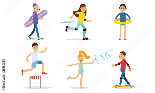 Various Kinds Of Outdoor And Indoor Sports By Athletic Characters Vector Illustration Set Isolated On White Background