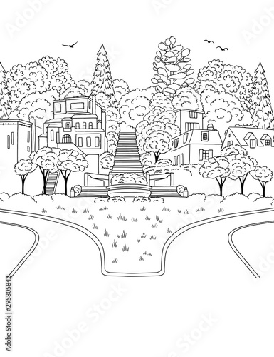 Hand drawn ink illustration of Forest Hill neighbourhood in San Francisco, suburban houses on a hill with trees and roads