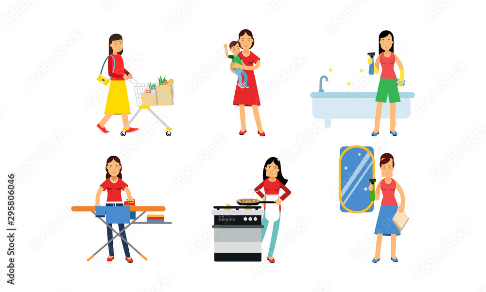 Women Characters In Daily Routine Housework Vector Illustration Set Isolated On White Background