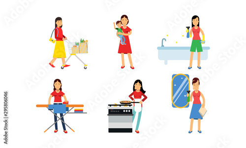 Women Characters In Daily Routine Housework Vector Illustration Set Isolated On White Background