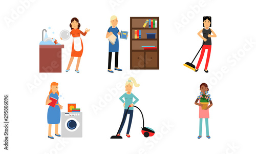 Fotografie, Obraz Actions Of Superwomen Characters Cleaning Home Vector Illustration Set Isolated
