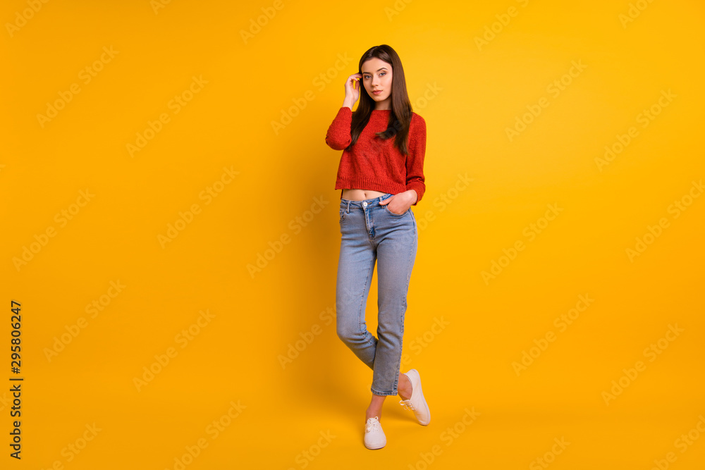 Full length body size photo of cute charming gorgeous pretty youngster posing in front of camera isolated over vivid color background Full length body size photo of cute charming gorgeous pretty youngster posing in front of camera isolated over vivid color background