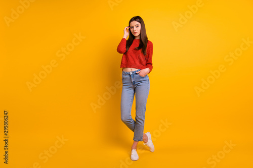 Full length body size photo of cute charming gorgeous pretty youngster posing in front of camera isolated over vivid color background