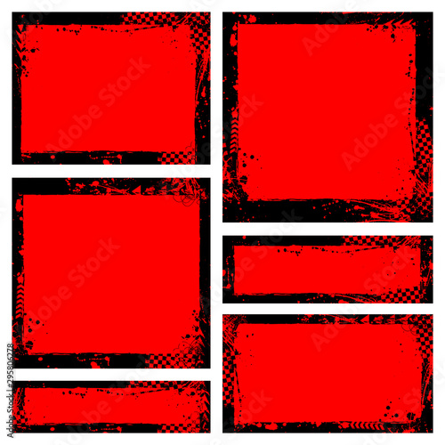 Black and red grunge frames with tire tracks isolated on white background