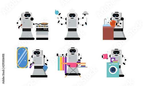 Character Of Robot Helper In Daily Housework Vector Illustration Set Isolated On White Background