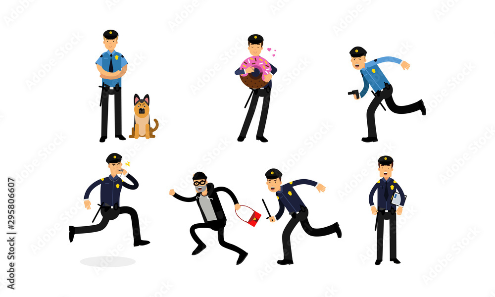 Variuos Daily Actions Of The Police Department And The Dog Service Vector Illustration Set Variuos Daily Actions Of The Police Department And The Dog Service Vector Illustration Set