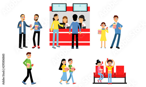 Actions Of People In The Cinema Theatre Vector Illustration Set Isolated On White Background