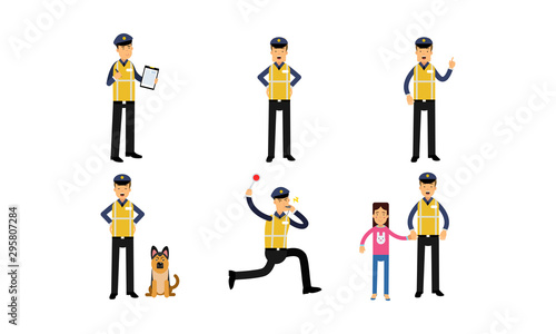 Policeman In High Visibility Yellow Safety Jacket Doing Daily Work Vector Illustration Set Isolated On White Background