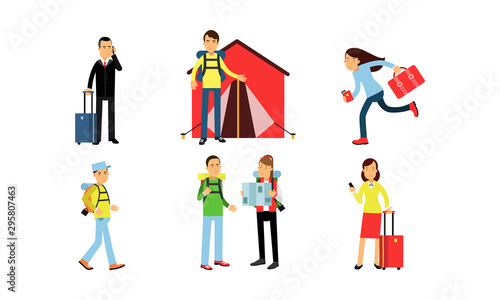 People Go Camping Or Go On Vacation Vector Illustration Set Isolated On White Background