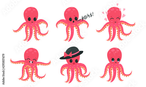 Set of cute pink humanized octopuses. Vector illustration.