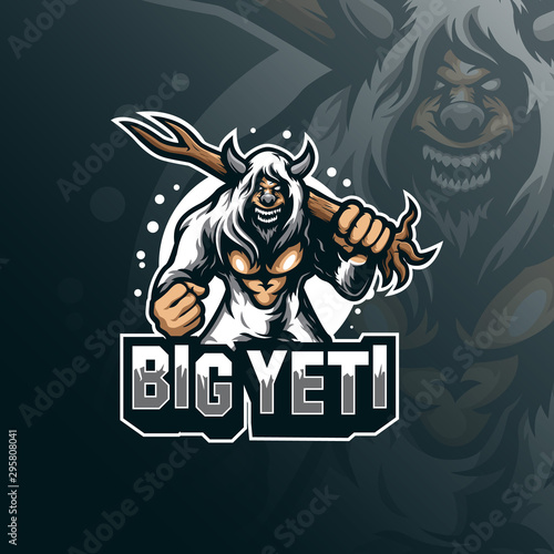 yeti mascot logo design vector with modern illustration concept style for badge, emblem and tshirt printing. angry yeti illustration with tree in hand.