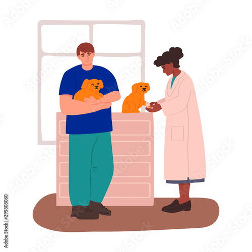 Volunteer helps veterinarian take care of dogs. Charity donation. Banner. Vector illustration in freehand drawn style