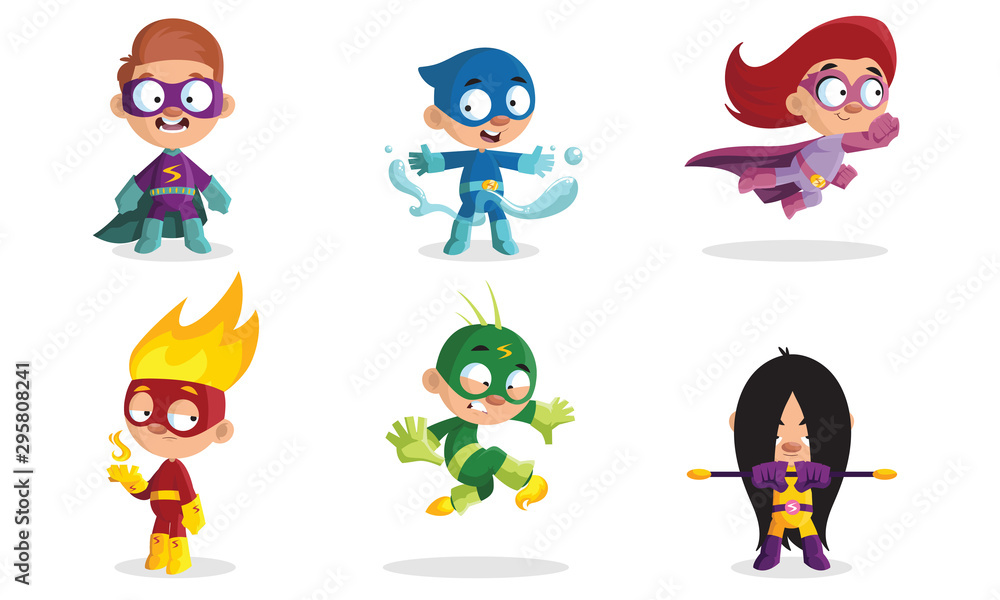 Children in different costumes of superheroes. Vector illustration. Children in different costumes of superheroes. Vector illustration.