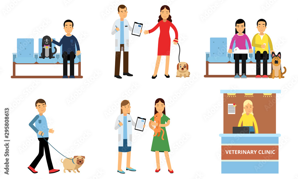 Set of people with animals in a veterinary clinic. Vector illustration.