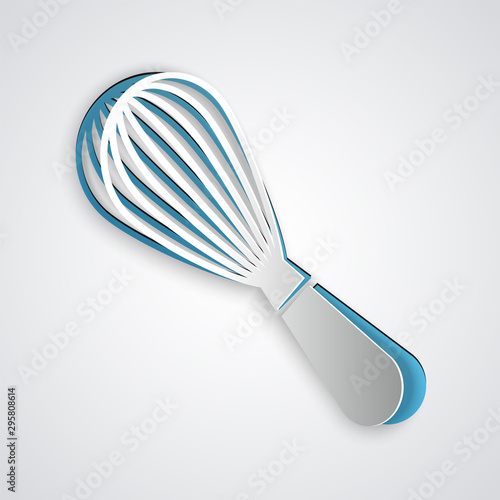 Paper cut Kitchen whisk icon isolated on grey background. Cooking utensil, egg beater. Cutlery sign. Food mix symbol. Paper art style. Vector Illustration photo