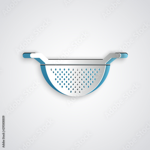 Paper cut Kitchen colander icon isolated on grey background. Cooking utensil. Cutlery sign. Paper art style. Vector Illustration