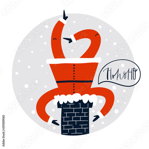 Merry Christmas greeting card. Santa stuck in a chimney. Ho ho ho lettering.