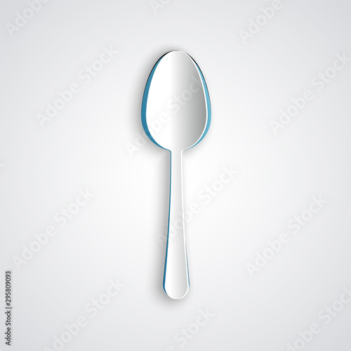 Paper cut Spoon icon isolated on grey background. Cooking utensil. Cutlery sign. Paper art style. Vector Illustration photo