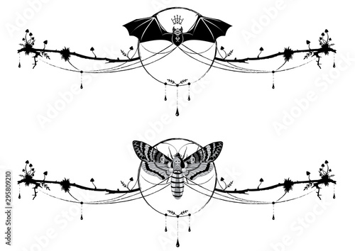 set of dividers with bat, butterfly death head and mushrooms in black and white colors