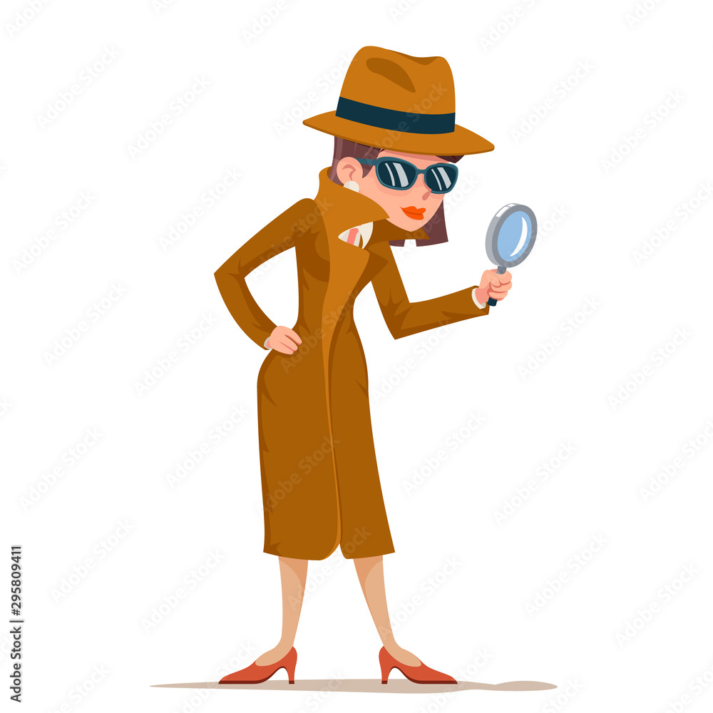 Detective woman snoop magnifying glass tec search help noir cartoon female cartoon character design isolated vector illustration