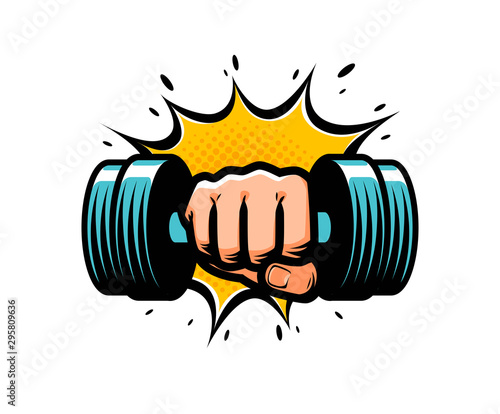 Arm with dumbbell. Gym club logo. Vector illustration