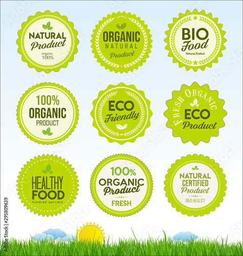 Set of healthy organic farm fresh product badges 