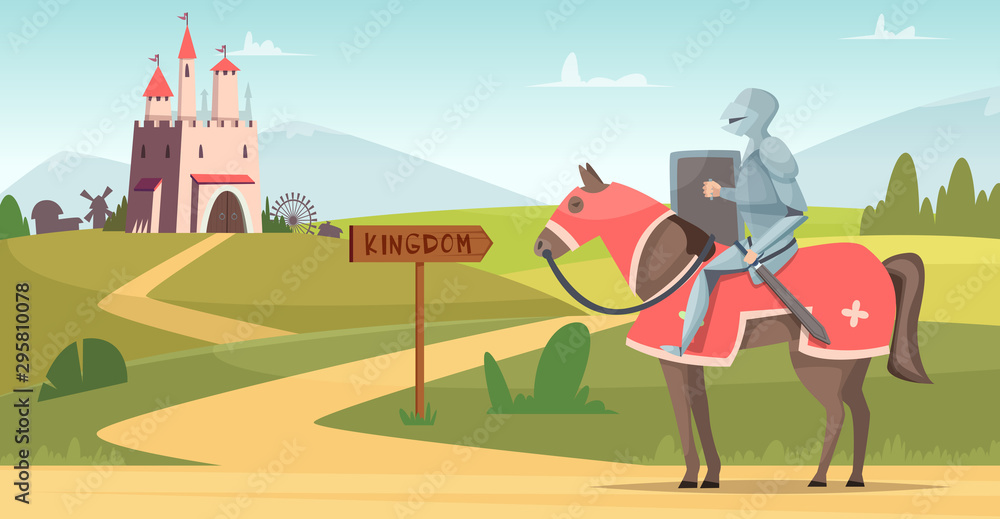 Medieval knight background. Historical armored characters outdoor castle  vector cartoon scene. Castle and knight, medieval illustration fairytale  Stock Vector | Adobe Stock