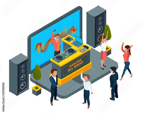 Online concert concept. Isometric laptop with musical instruments and DJ setup vector illustration. Online music on laptop, dj concert