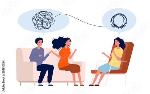 Doctor help pattient. Mental treatment problems vector psychology concept. Illustration psychology couple treatment, psychotherapy help