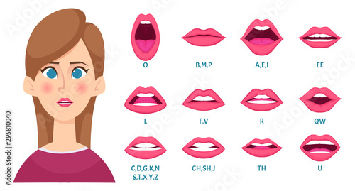 Mouth animation. Female lips keyframes lady speaks sound of english letters syncing articulation body teeth and tongue vector picture. Illustration sound language, animate syncing articulation