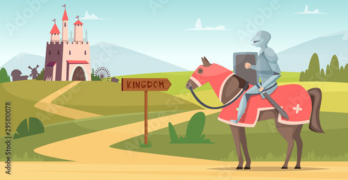 Medieval knight background. Historical armored characters outdoor castle vector cartoon scene. Castle and knight, medieval illustration fairytale