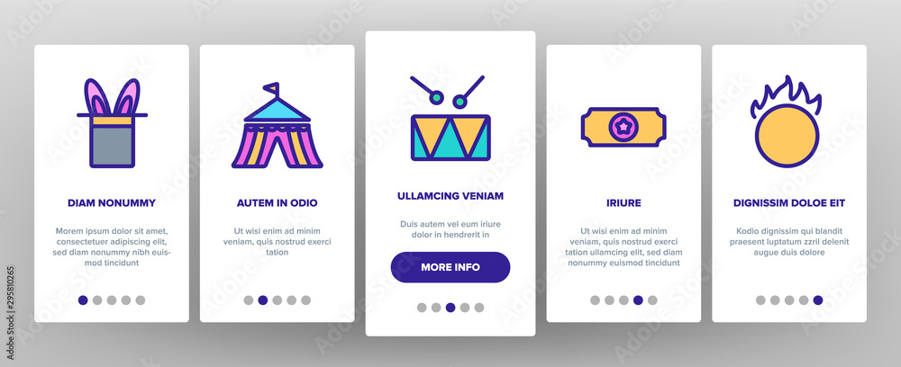 Fototapeta premium Circus Show Onboarding Mobile App Page Screen Vector Icons Set Thin Line. Character Clown And Circus Equipments, Attraction And Elephant Concept Linear Pictograms. Contour Illustrations