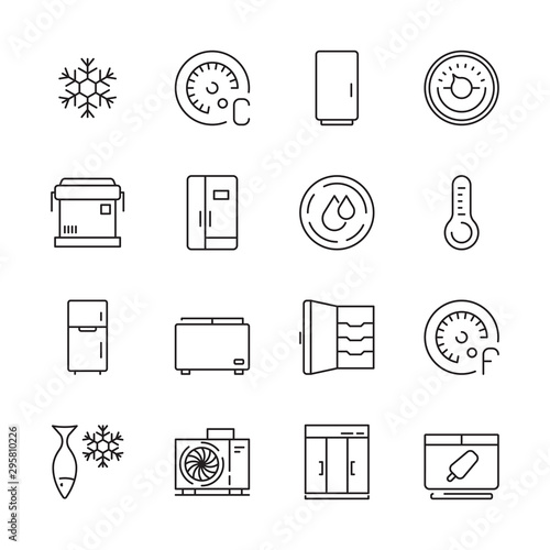 Fridges icon. Freezer commercial cold compact home refrigerator opened closed vector symbols. Illustration freezer cold, fridge equipment, refrigerator for kitchen