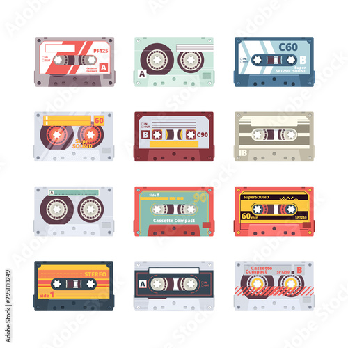 Music cassettes. Electronics audio player mixtape 80s technologies stereo record radio vector flat pictures. Illustration cassette multimedia, equipment old media