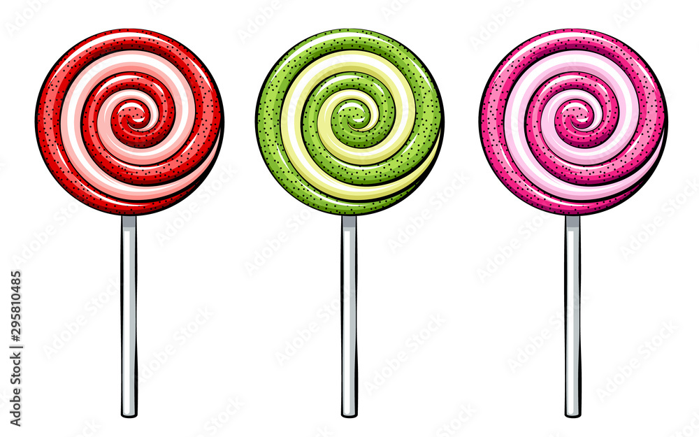 Lollipop spiral candies set in cartoon style on white background. Lollipop spiral candies set in cartoon style on white background.