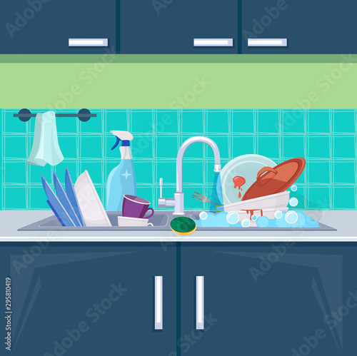 Kitchen sink dirty dishes. Background with plates bowls mugs for water cleaning vector cartoon illustration. Sink with pile dirty plate and clean